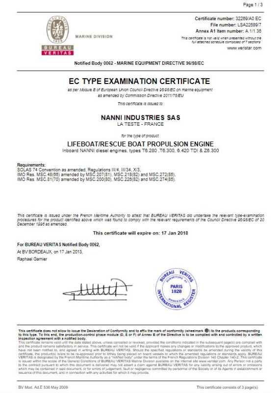CERTIFICAT TYPE APPROVAL SOLAS Nanni 6.420TDI